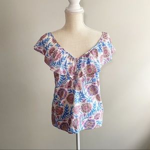 J. Crew Floral Ruffle V-Neck Top